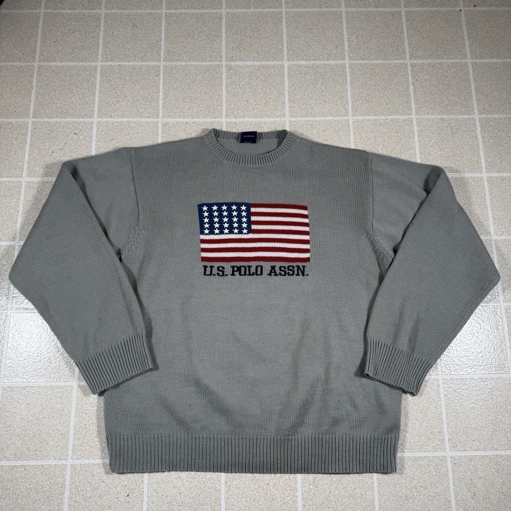 Vintage Y2K US Polo Assn American Flag Embroidered Knit Sweater 2XL RL USA Gray